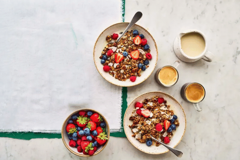 Cherry, Pecan and Coconut Granola with Berries